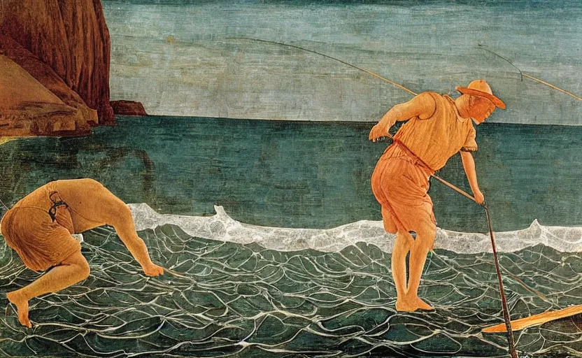 Prompt: painting of Urho Kekkonen fishing in Hawaii by Sandro Botticelli, clear texture, calm, pastel colors