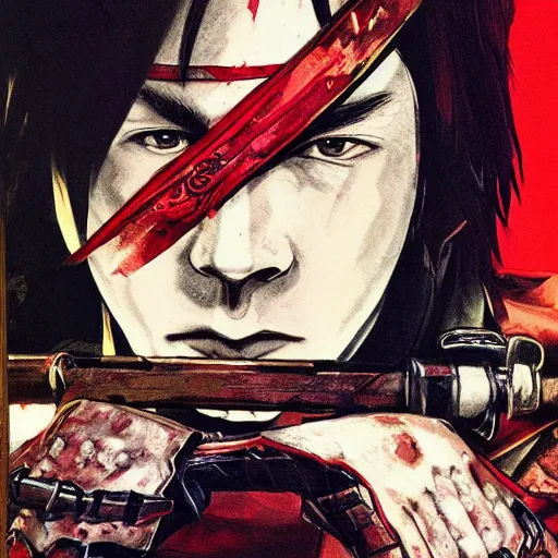 Image similar to portrait of a young white hero using his right arm to grip a katana that is covering his eye by yoji shinkawa, high quality, extra details, realism, ornate, colored, golden chain, blood, white skin, short hair, brown eyes, vivid, sunlight, red headband, black eyepatch, white american soldier, painting, cybernetics, military