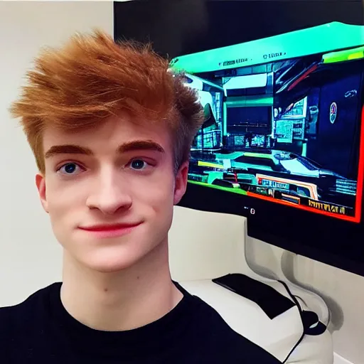 Image similar to “a realistic detailed photo of a guy who is an attractive humanoid who is half robot and half humanoid, who is a male android, twitch streamer Ninja Tyler Blevins, shiny skin, posing like a statue, blank stare, gaming room, eyes glitching”