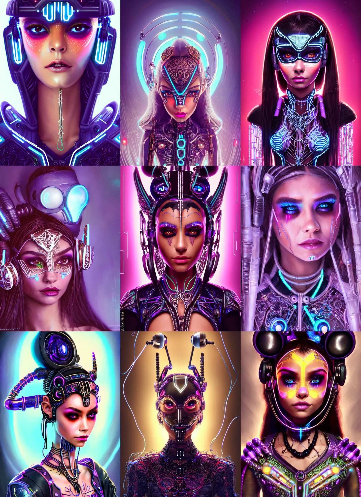 Prompt: disney weta portrait, stunning lustrous ivory gothic raver clowncore madison beer aztec cyborg, earbuds, tron bling, sci - fi, fantasy, cyberpunk, intricate, decadent, highly detailed, digital painting, ever after high, octane render, artstation, concept art, smooth, sharp focus, illustration, art by artgerm, loish, wlop