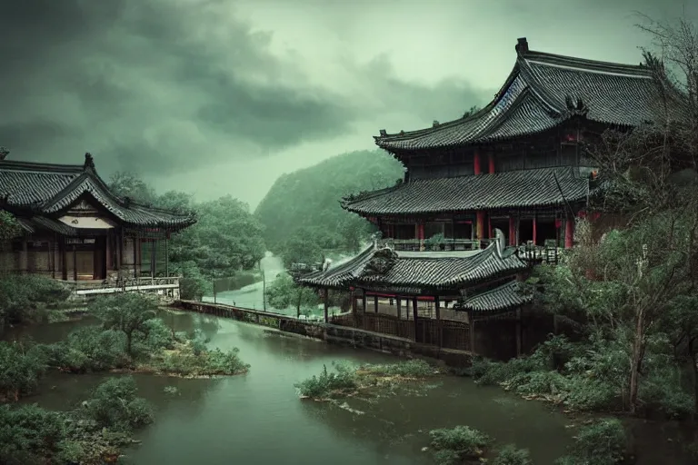 Image similar to in the rain, some ancient chinese houses, bridge, river mysterious and serene landscape, clouds, trending on artstation