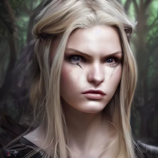 Image similar to epic portrait, An ninja female without her mask, blonde flowing long hair, pretty face, glossy lips, glowing eyes, Blurred forest backround, digital painting, artstation, concept art, soft light, hdri, smooth, sharp focus, illustration, fantasy, intricate, elegant, highly detailed, D&D, matte painting, in the style of Greg Rutkowski and Alphonse Mucha and artemisia, 8k, highly detailed, jurgens, rutkowski, bouguereau, pastoral, rustic, georgic
