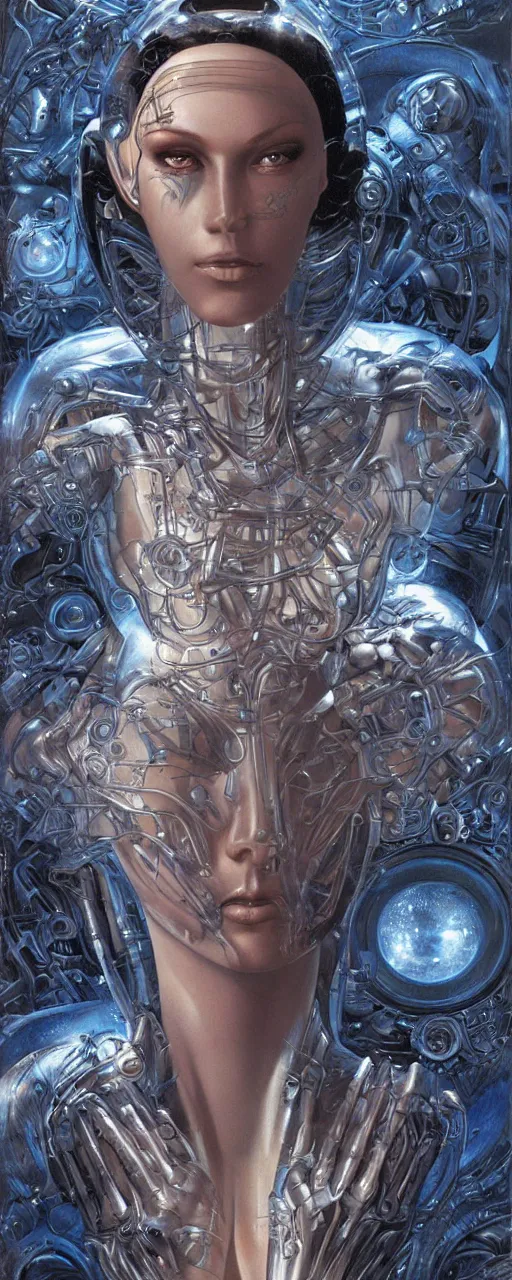 Image similar to a robotic goddess with transparent skin, highly detailed, futuristic, laser lit, digital painting, smooth, sharp, beautiful face, expressive eyes, highly intricate, art by Boris Vallejo and H.R. Giger