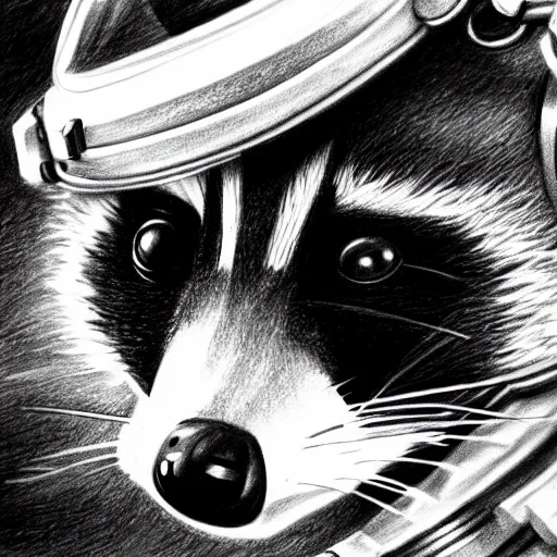 Prompt: a very detailed pencil drawing of a raccoon in an astronaut suit in space 4 k, high resolution, still, landscape, hd, dslr, hyper realistic, sketch