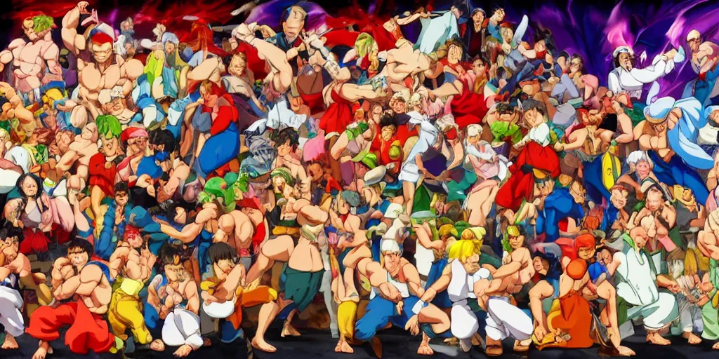 Prompt: A feast for the cast of street fighter 3, very detailed, anime, Delicious, Plump, Juicy, Hot Food, large white border, hd, 8k, Unreal Engine 5, high resolution print :1 by Hayao Miyazaki, Nausicaa, studio Ghibli style, Anime wallpaper, cell shading, trending on deviant art :1