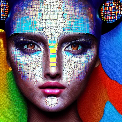 Prompt: mosaic portrait of a beautiful cute girl with robot ears by Saimir Strati, 4k, intricate details, digital, shining vibrant colors in the background