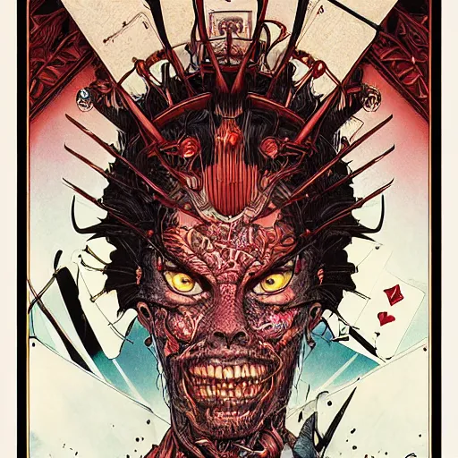 Prompt: portrait of crazy card king, symmetrical, by yoichi hatakenaka, masamune shirow, josan gonzales and dan mumford, ayami kojima, takato yamamoto, barclay shaw, karol bak, yukito kishiro