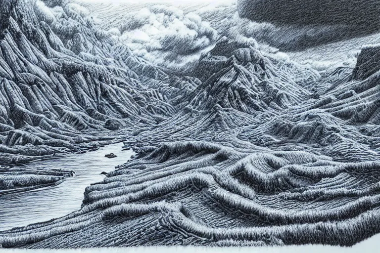 insanely detailed landscape, blue ball - point pen art, Stable Diffusion