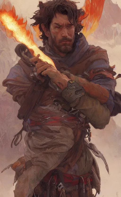 Image similar to '' Portrait of a rugged lupine adventurer breathing fire, d&d, fantasy, high-body detail, digital painting, artstation, concept art, sharp focus, illustration, art by greg rutkowski and alphonse mucha ''