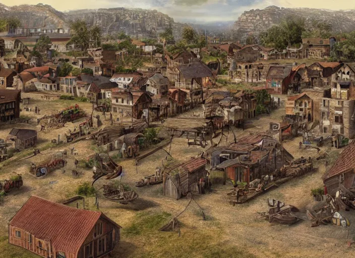 Prompt: realistic photo of a town, settlement, buildings, detailed scenery, bronze age time period