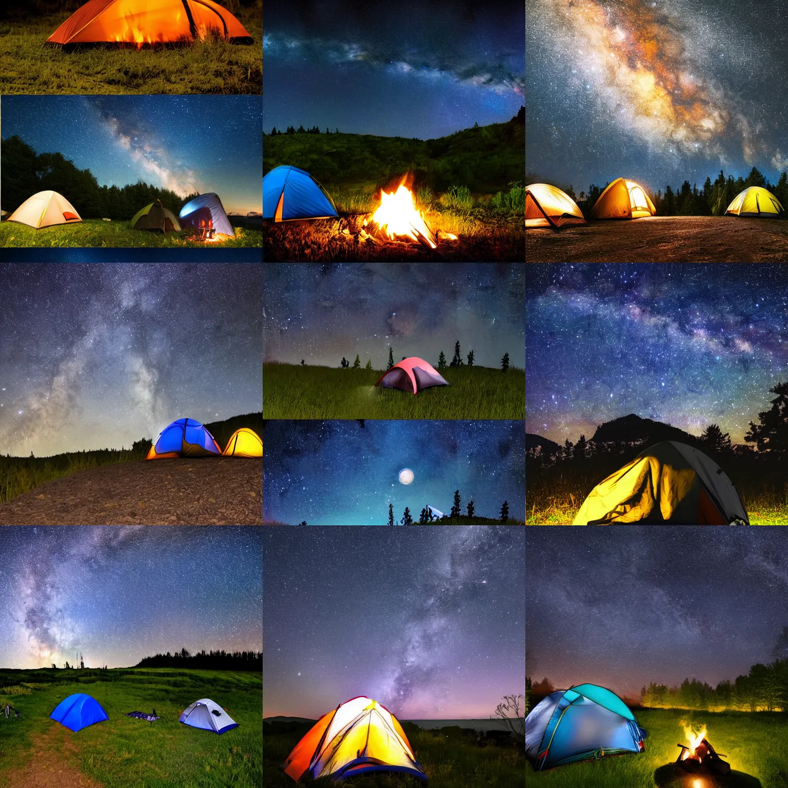 Prompt: camping out in the middle of nature, tents in the background, starry sky, milky way, campfire, highly detailed, 4 k