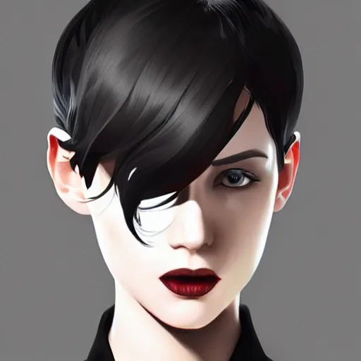 Image similar to girl in tuxedo with black chaotic wavy short haircut, elegant, 2d, ultra highly detailed, digital painting, smooth, sharp focus, artstation, art by Ilya Kuvshinov