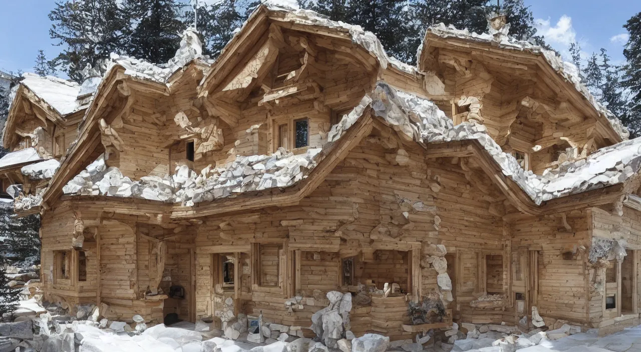 Prompt: a marble sculpture of a chalet hyperdetailed and hyperdetailed