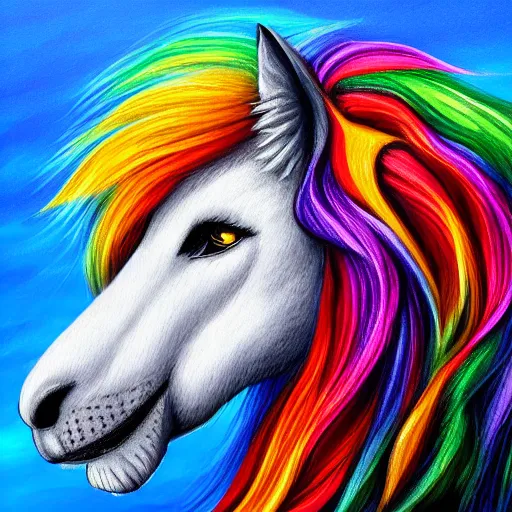 Prompt: profile view of cute fluffy horse with long colorful flowing lion mane blowing in the wind with mohawk top hairstyle hybrid animal detailed painting 4 k