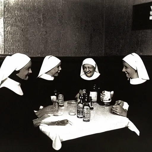 Prompt: a group of nuns enjoying themselves at a dive tavern, low light, Smokey haze above, whiskey bottles, by Norman Rockwell