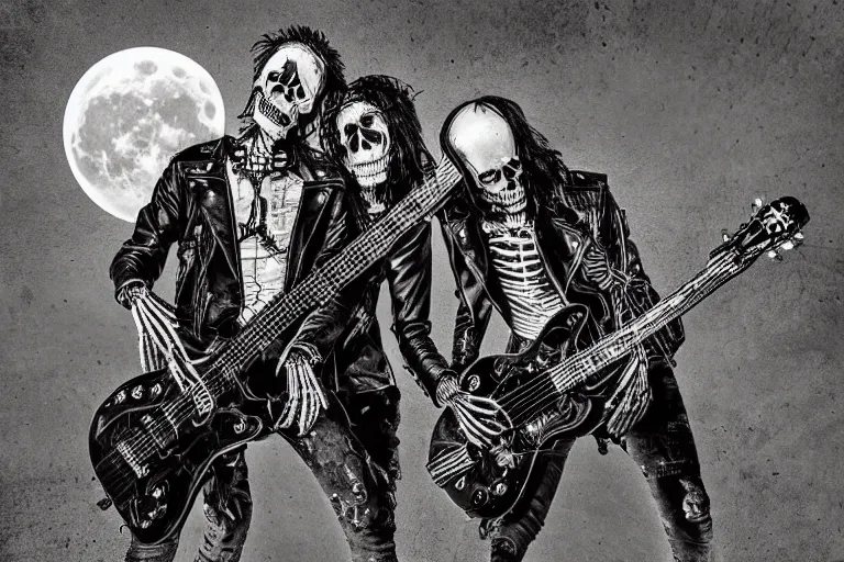 Prompt: skeleton rockers in leather jackets play guitars and screams in the cemetery, rock concert, dark night, full moon, crows on the oak tree, highly detailed digital art, photorealistic