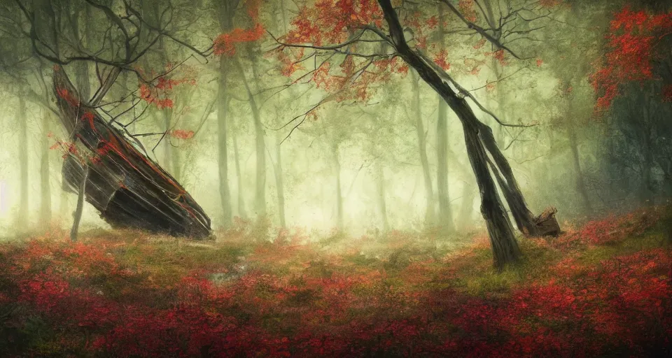 Image similar to an old broken sailing ship in an autumn forest, green and red tones, by Aron Wiesenfeld and beksincki, cinematic, detailed illustration, nature, fog, dark colors, suspense, intricate, 8k