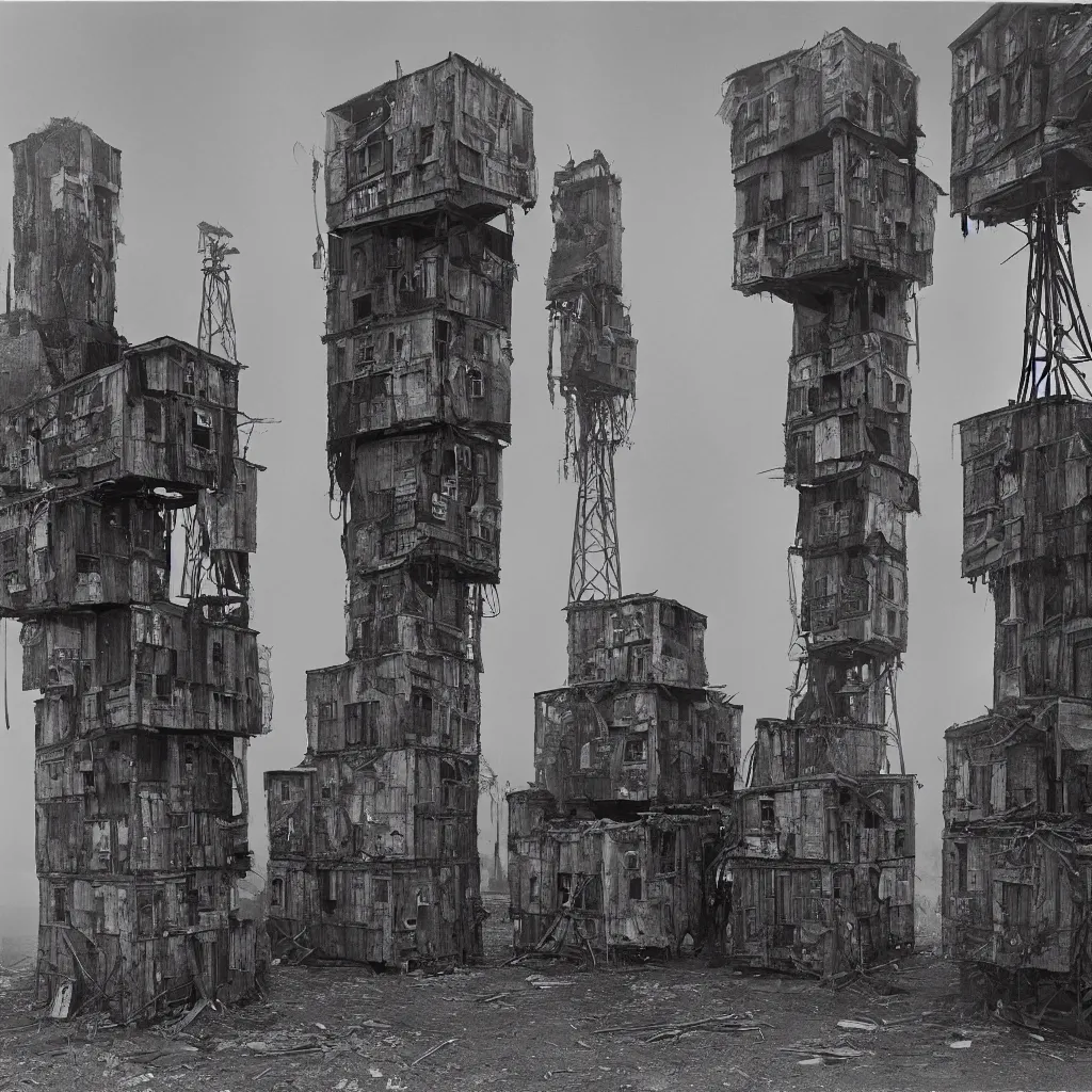 Prompt: two giant towers, made up of makeshift squatter shacks, misty, dystopia, mamiya rb 6 7, fully frontal view, very detailed, studio lighting, photographed by ansel adams