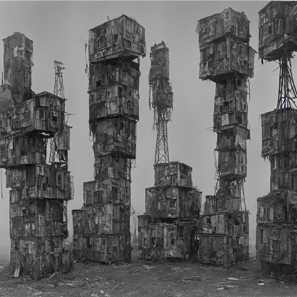 Image similar to two giant towers, made up of makeshift squatter shacks, misty, dystopia, mamiya rb 6 7, fully frontal view, very detailed, studio lighting, photographed by ansel adams