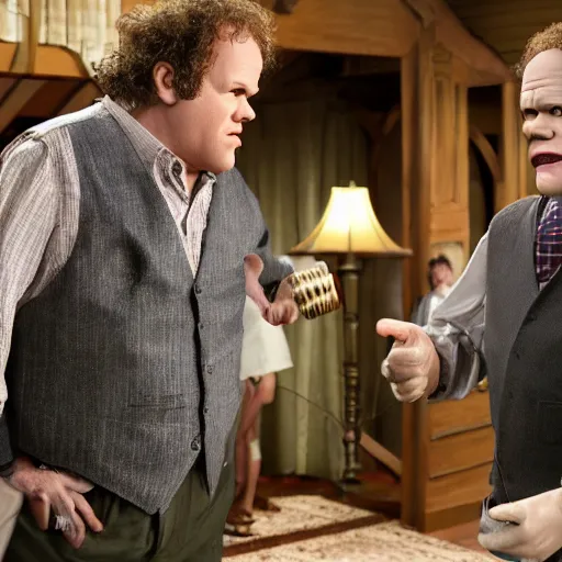 Image similar to animatronic John C. Reilly, exposed mechanics, photo from Stepbrothers, Stan Winston studios, detailed, 4k