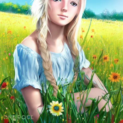 Prompt: young blonde pioneer girl in a meadow, portrait, anime style