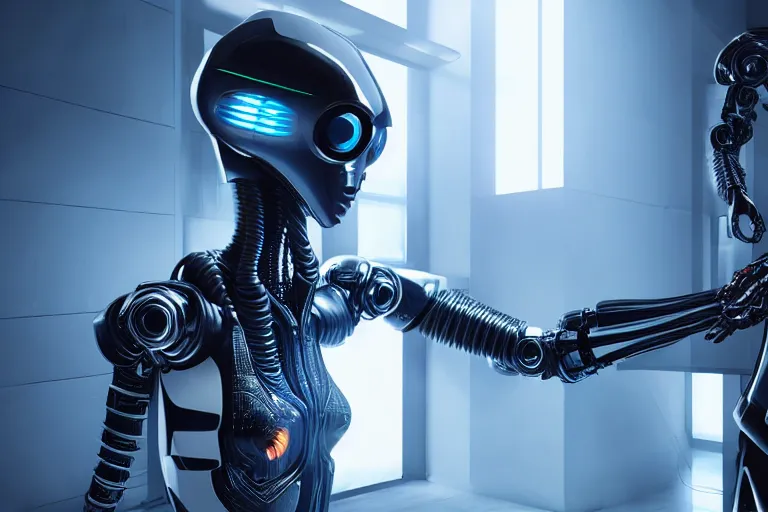 Image similar to cyberpunk alien concept inspired robot, futuristic look, highly detailed body, very powerful, photorealistic camera shot, bright studio setting, studio lighting, crisp quality and light reflections, unreal engine 5 quality render