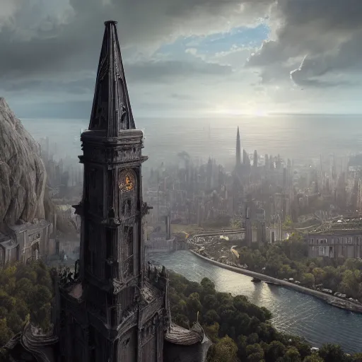 Prompt: an ultra detailed matte painting of the one impossibly tall ominous black spire in the palace district on an island in a river elevated high above the city fortress tower, fantasy capital city, ultrawide lense, aerial photography, volumetric lighting, exquisite detail, octane render, 8 k postprocessing, art by artgerm and greg rutkowski and alphonse mucha