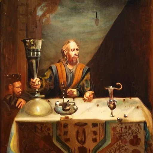 Image similar to a mystical man with a goblet on the table