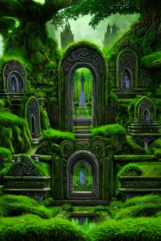 Image similar to photography of a hyper realistic lost celtic elven temple in a magical fantasy garden, mirroring water entering the temple, mossy stone pilars, epic scale, insanely complex, hyperdetailed, sharp focus, hyper realism, artstation, cgsociety, 8 k, bright colors, by takato yamamoto, unreal engine 5