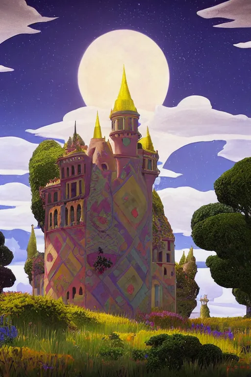 Image similar to distance view of the painted tower of the moon in its gardens fairytale illustration, tall windows, beautiful tilework, dramatic cinematic lighting, rich colors, golden age illustration, by Ludwig Deutsch and Nicholas Roerich and Sylvain Sarrailh and April Gornik ,unreal engine