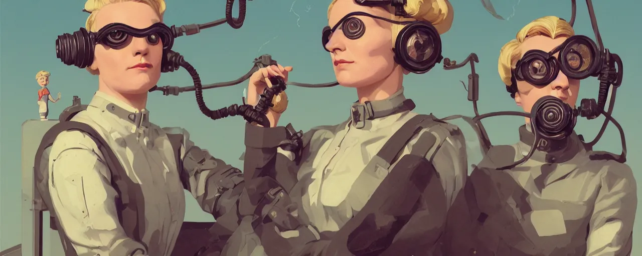 Prompt: vintage illustration 3 / 4 portrait of stoic heroic emotionless butch blonde woman engineer with short slicked - back hair, wearing victorian goggles, awkward and uncomfortable and anxious, dynamic composition by sachin teng and sergey kolesov and ron cobb. industrial space program, scifi, hyper detailed. octane render. concept art. trending on artstation