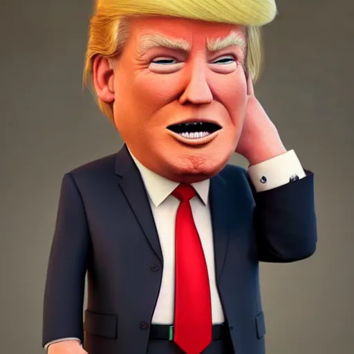 Prompt: happy, render of fun donald trump cartoony character, from the new pixar movie, dynamic lighting, cgsociety