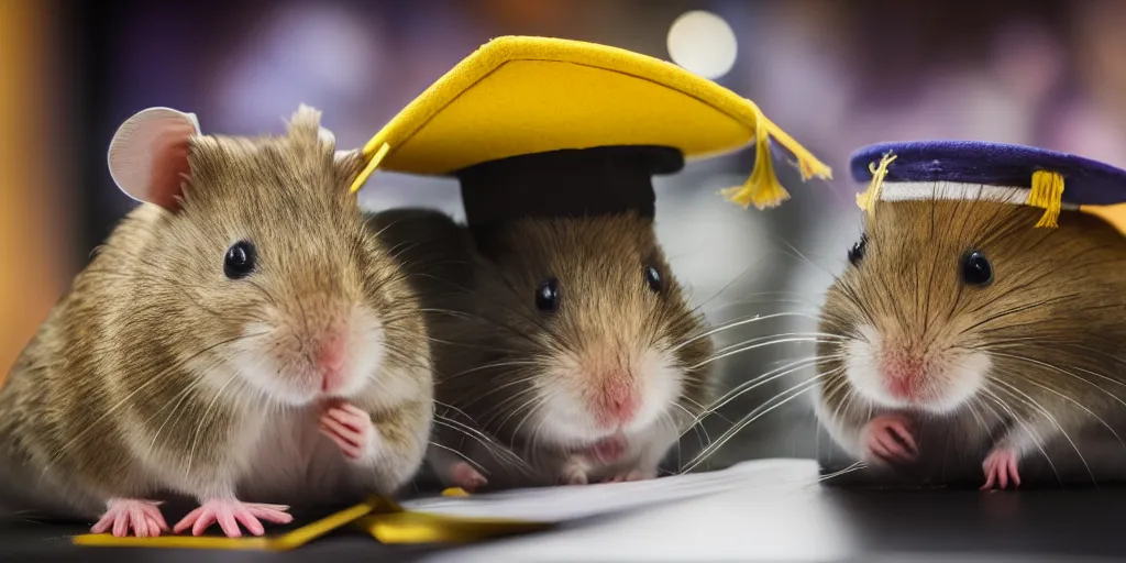 Prompt: A professional photograph of a hamster in a graduate hat doing a speech from a speech tribune , shatterstock, university, cinematic, 8K, award-winning photo, highest quality, perfect moment