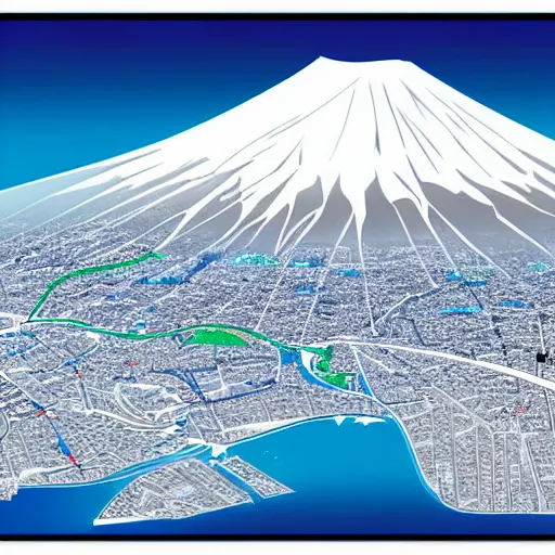 Prompt: map of mt fuji and tokyo as a ski map, blue and white, highly detailed digital art, architectural drawing.