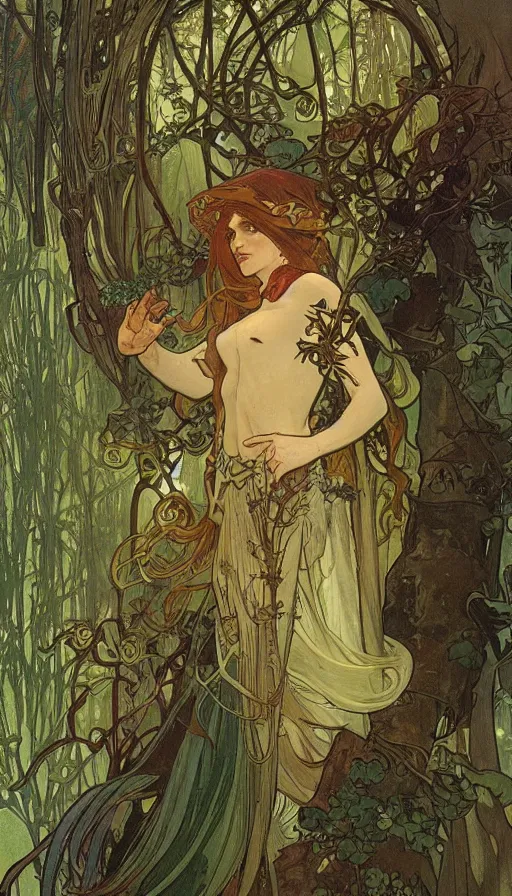 Prompt: concept art, lush forest, magic, gnarly details, gold, gems, dramatic lighting, denoised, painted by alphonse mucha