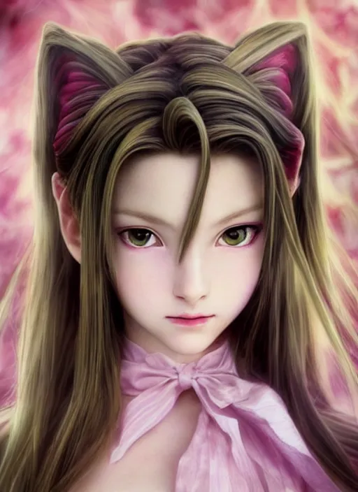 Image similar to devilish Aerith Gainsborough stares intently at you. surreally cute. ultra detailed painting at 16K resolution and epic visuals. epically surreally beautiful image. amazing effect, image looks crazily crisp as far as it's visual fidelity goes, absolutely outstanding. vivid clarity. ultra. iridescent. mind-breaking. mega-beautiful pencil shadowing. beautiful face. Ultra High Definition. processed twice. polished marble.