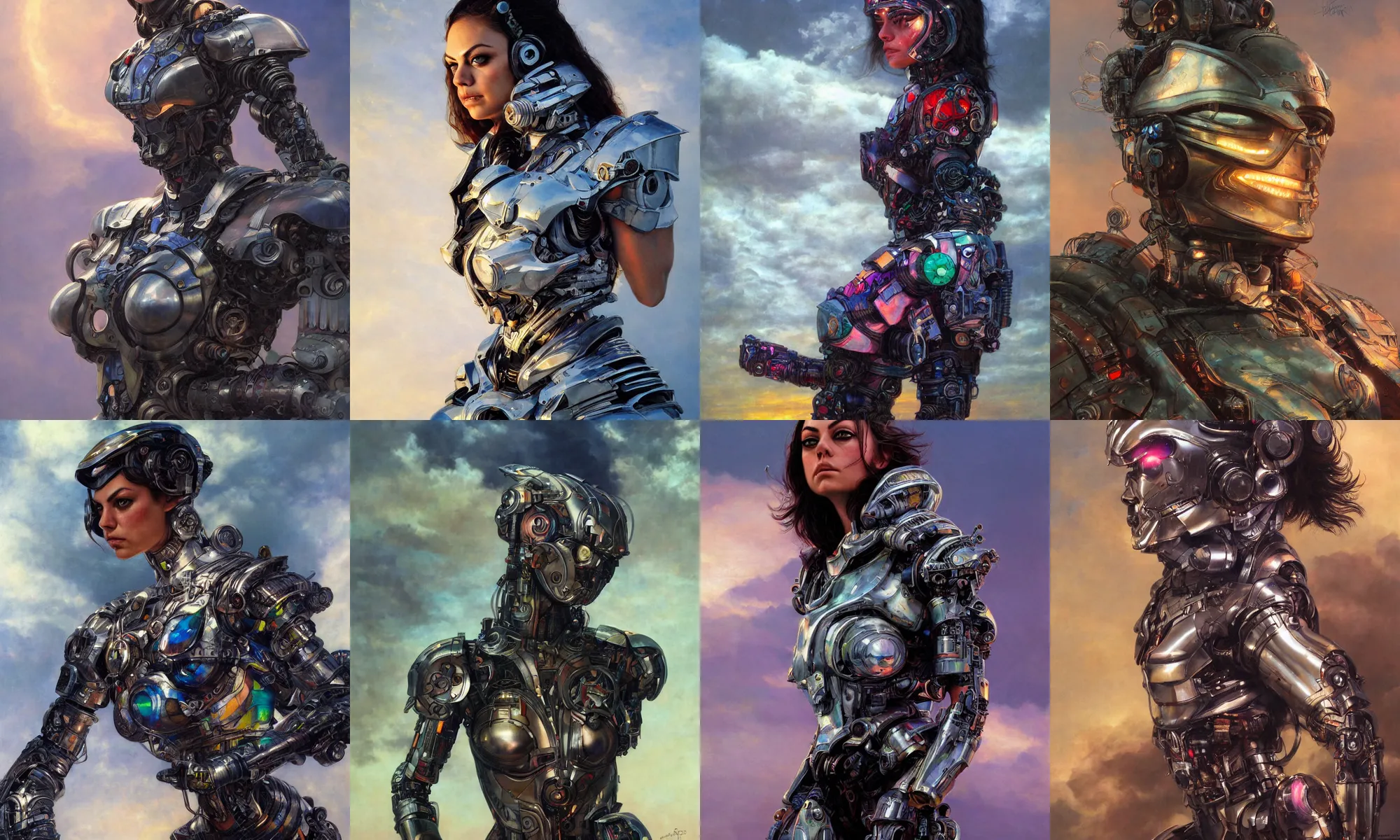 Prompt: portrait of epic mila kunis cyborg neon armor, in clouds, cinematic studio light, windy, sunrise, wlop, by gerald brom, by mikhail vrubel, by peter elson, muted colors, extreme detail, trending on artstation