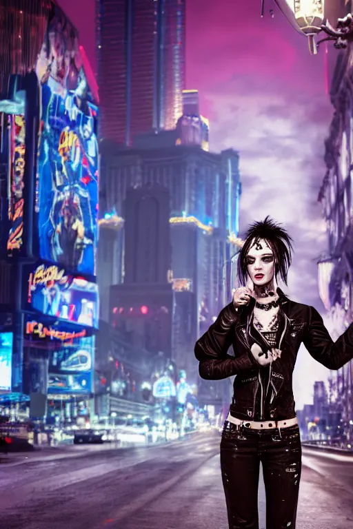 Image similar to full body portrait of a blood punk vampire, realistic proportions, coherent face, background of las vegas strip at night, cinematic, hyper realism, high detail, octane render, 8k, cgsociety