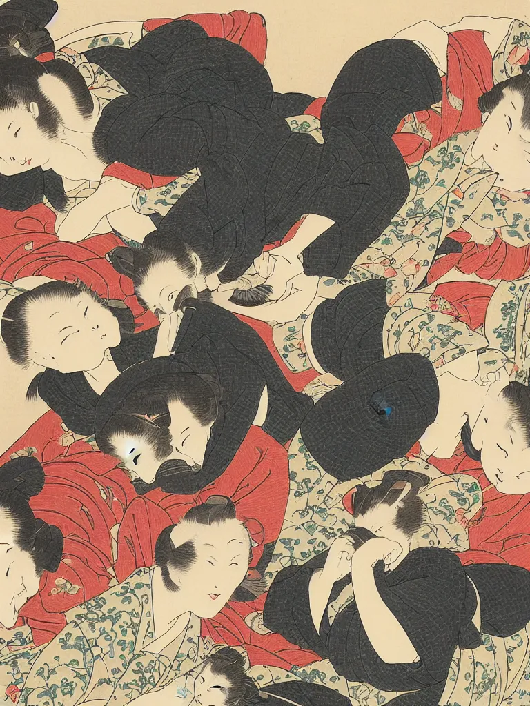 Image similar to Three Women and Three Cats, an ukiyo-e painting by Hokusai