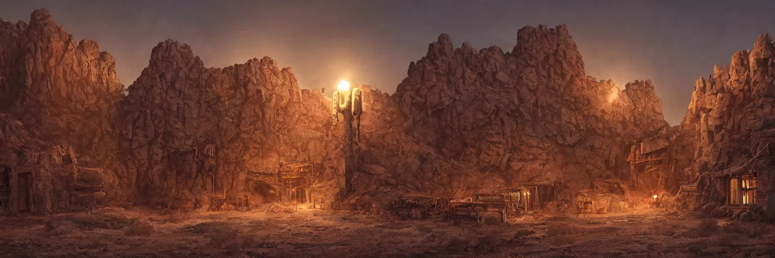 Image similar to an old mine entrances lit by toches in an ancient old wild West town, arizona desert, Dynamic lighting, cinematic, establishing shot, extremely high detail, photo realistic, cinematic lighting, , post processed denoised, concept design, concept art, artstation, matte painting, midjourney, style by alex ross, raphael lacoste, eddie mendoza