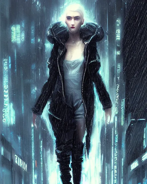 Image similar to detailed European Pretty Young Girl Storm Rain bladerunner movie Jacket coat, Futuristic sci-fi fashion, royal attire, low-emission-neon by ismail inceoglu dragan bibin hans thoma greg rutkowski Alexandros Pyromallis Nekro Rene Margitte illustrated Perfect face, fine details, realistic shaded, fine-face, pretty face