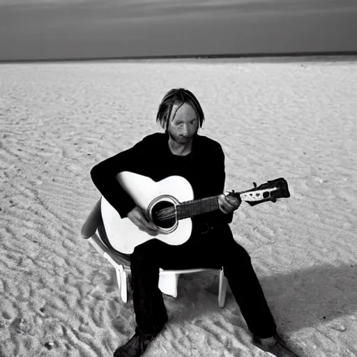 Prompt: Thom Yorke stading on a beach with guitar, a photo by John E. Berninger, trending on pinterest, private press, associated press photo, angelic photograph, masterpiece