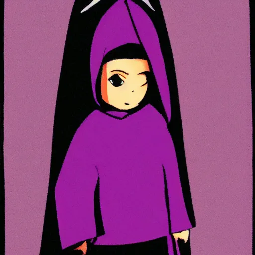 Prompt: little boy wearing nun outfit, purple and black color palate, artwork in western comic art style