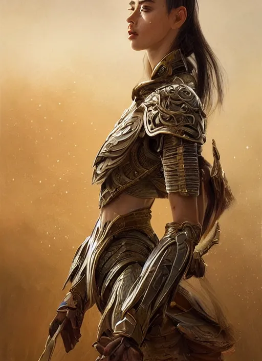 Image similar to a professional portrait of a beautiful young female, clothed in ethereal battle armor, olive skin, long dark hair, beautiful bone structure, symmetrical facial features, intricate, elegant, digital painting, concept art, smooth, sharp focus, finely detailed, illustration, from Valerian and the City of a Thousand Planets, in the style of Ruan Jia and Mandy Jurgens and Artgerm and Greg Rutkowski and William-Adolphe Bouguerea