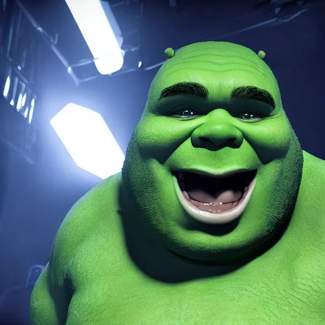 Image similar to ultra shrek performing on his yeezus tour, dark cinematic, volumetric, realistic, 3 d render, cinematic lighting, ray tracing, cinematic, unreal engine 5, unreal engine render, octane render, hyper realistic, photo, 8 k