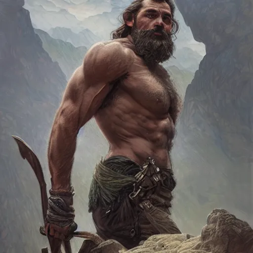 Image similar to portrait of a rugged ranger, muscular, upper body, hairy torso, D&D, fantasy, intricate, elegant, highly detailed, digital painting, artstation, concept art, smooth, sharp focus, illustration, art by artgerm and Greg Rutkowski and Alphonse Mucha