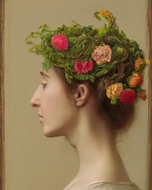 Image similar to a woman's face in profile, long hair made of flowers and vines and fruit, in the style of the Dutch masters and Gregory Crewdson, dark and moody