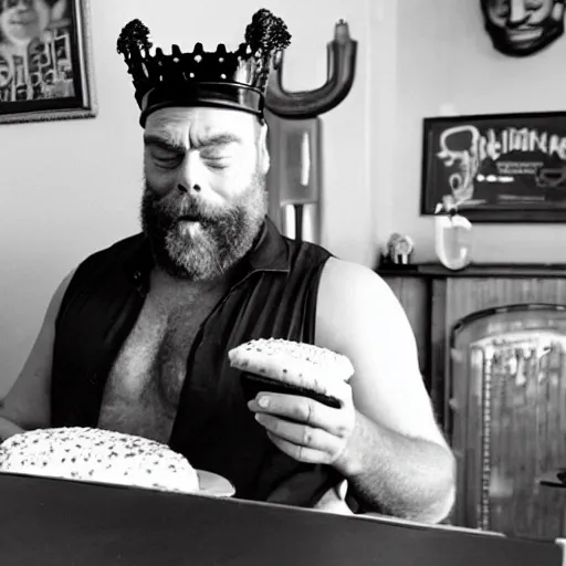 Prompt: Photo of Brian Blessed working on a zoom call on a macbook in a pub, shirtless, very drunk, eating a giant beefburger, and wearing a burger king crown.