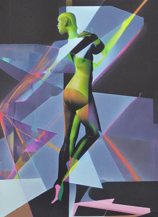 Image similar to futuristic lasers tracing, colorsmoke, fullbodysuit, zima blue warrior, raindrops, wet, oiled, beautiful cyborg, by steven meisel, kaws, rolf armstrong, cubist perfect geometry abstract acrylic, octane hyperrealism photorealistic airbrush collage painting, monochrome, neon fluorescent colors, minimalist rule of thirds, eighties eros