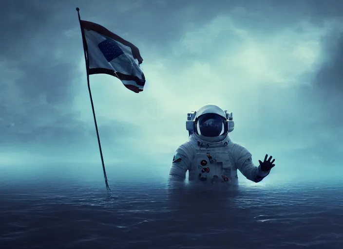 Image similar to astronaut holding a flag in an underwater desert. a submarine is visible in the distance. dark, concept art, cinematic, dramatic, atmospheric, 8 k, trending on artstation, blue, fish, low visibility, fog, ocean floor, christopher nolan, interstellar